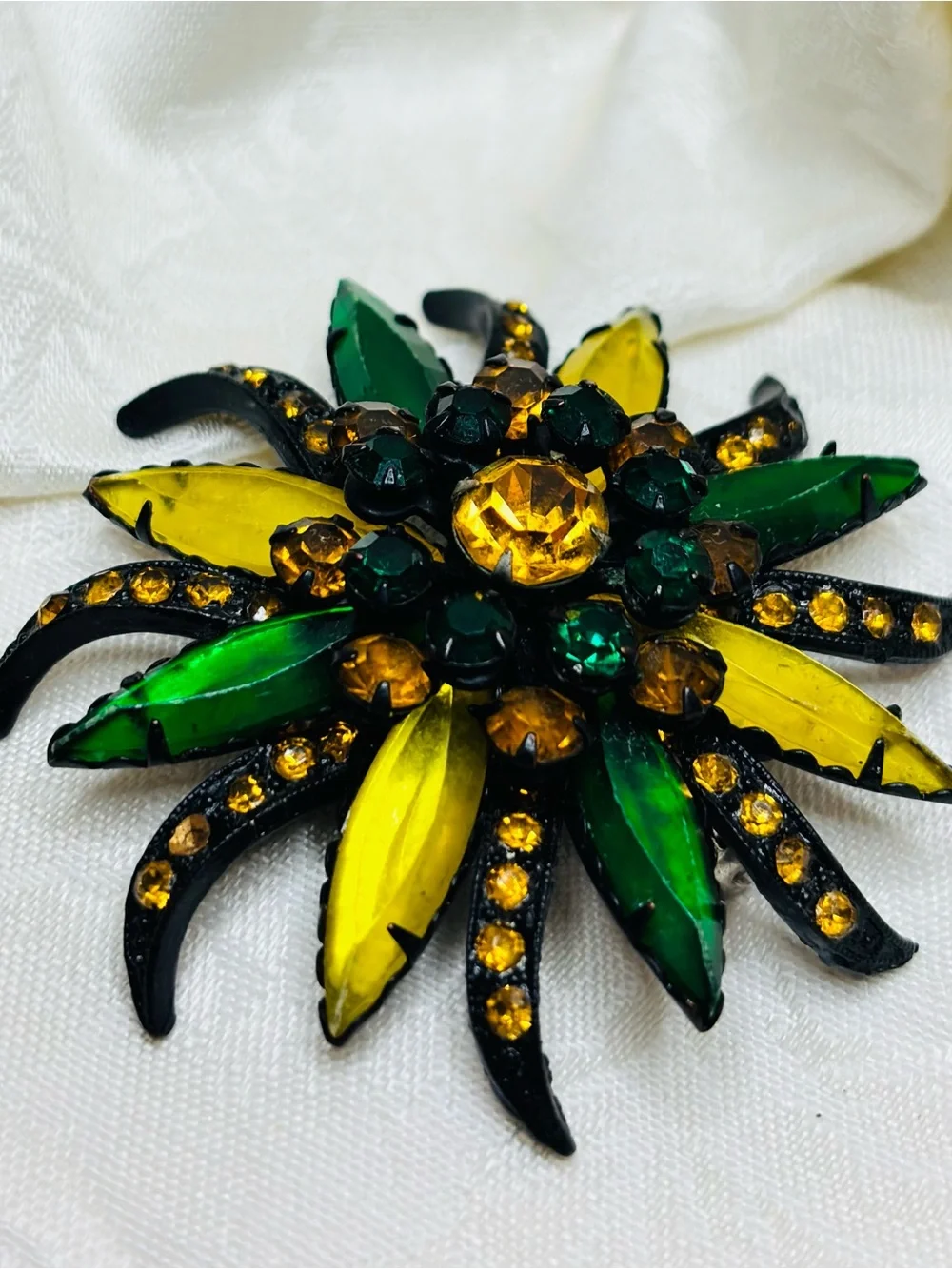 Vintage Selro Selini Brooch Amber Green Yellow Rhinestone